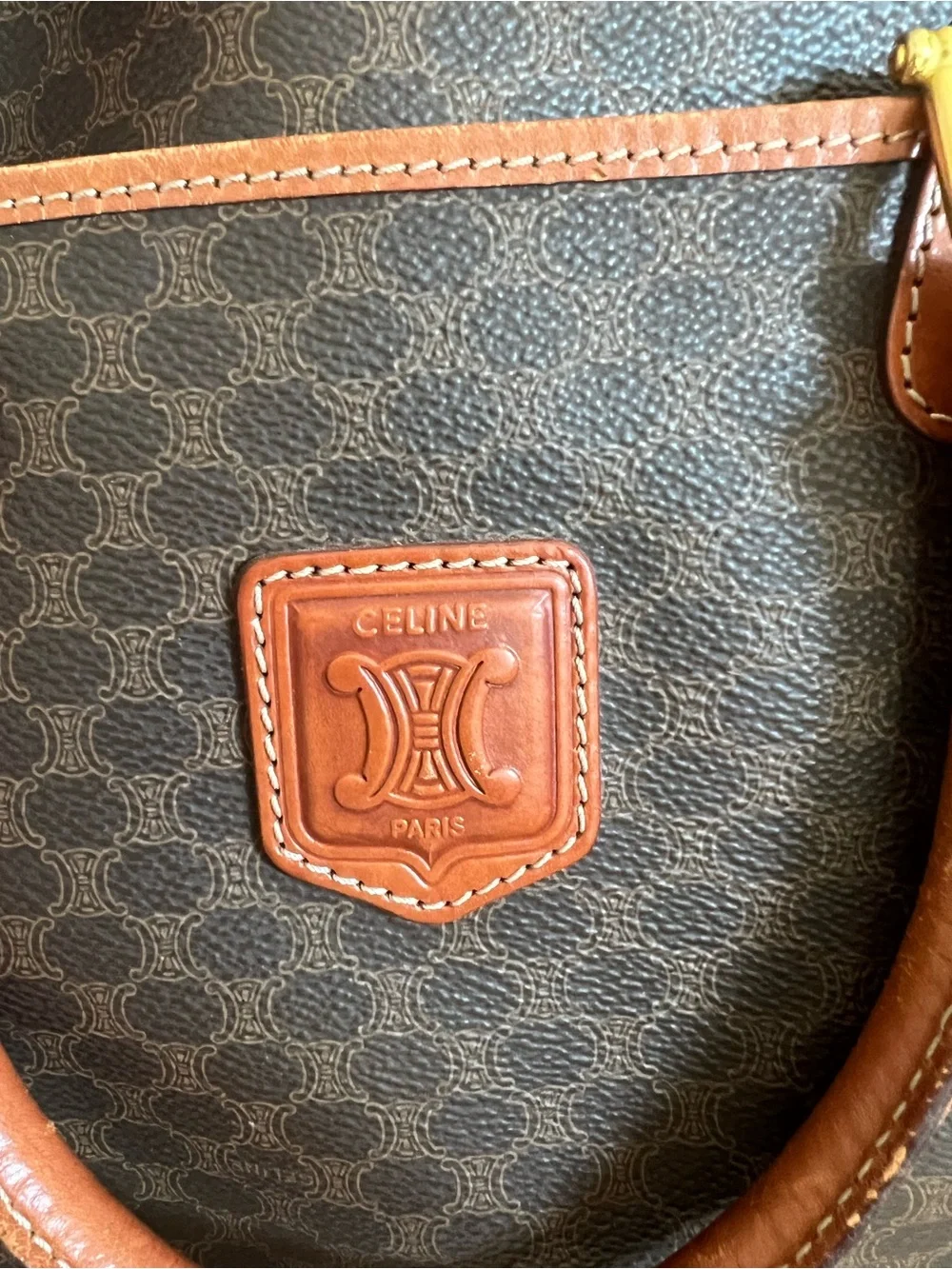 Celine Brown Monogram Bowling Bag with Tan Leather Trim